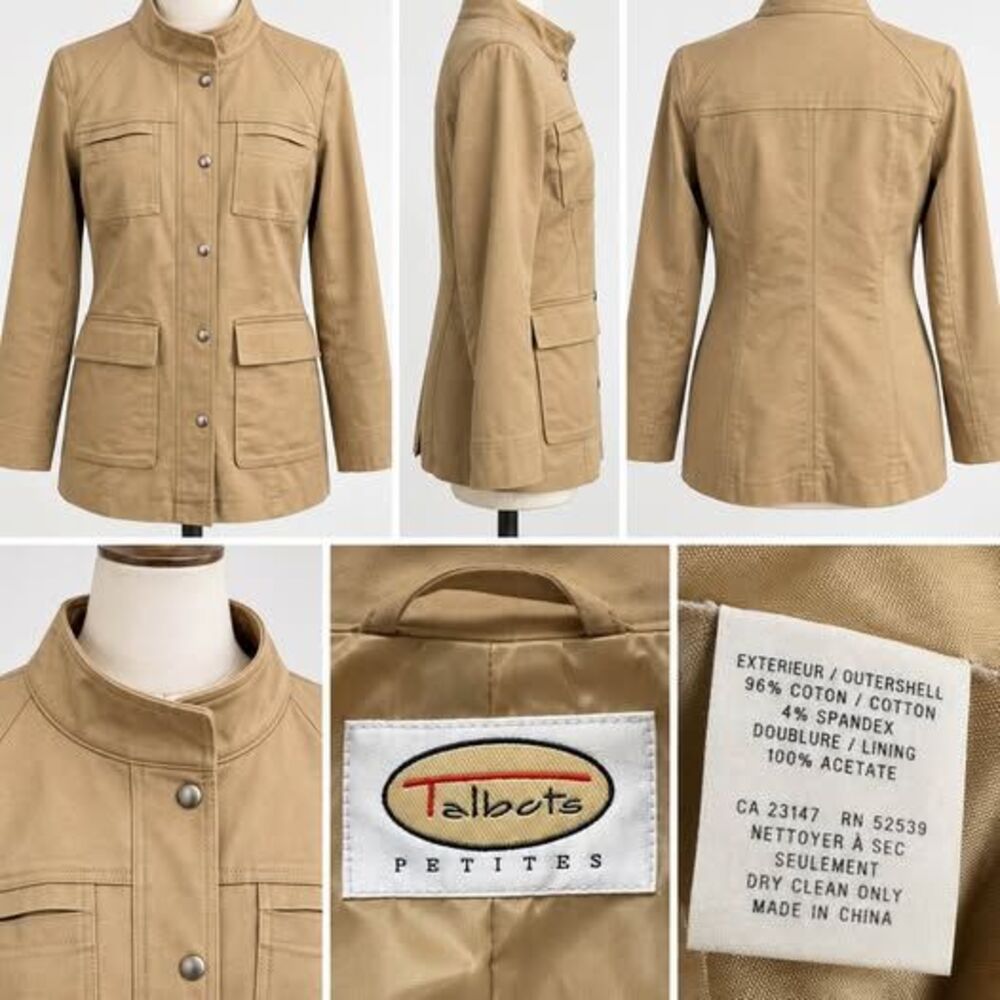 Talbots Petites Tan Khaki Safari Utility Jacket S/M Cotton Stretch